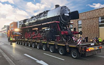 A freight locomotive moves into the museum